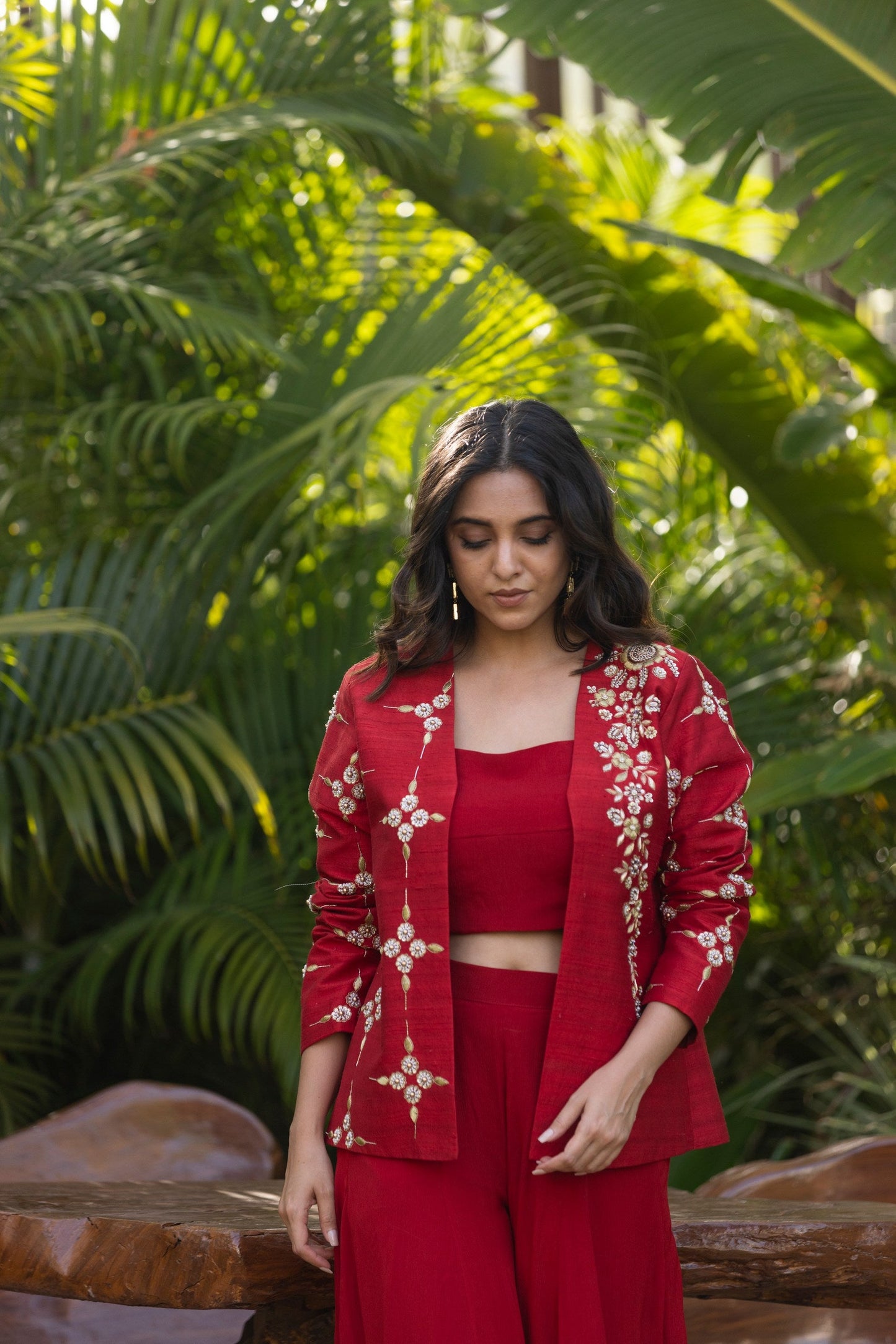 Embroidered jacket, cami bustier and palazzo pants