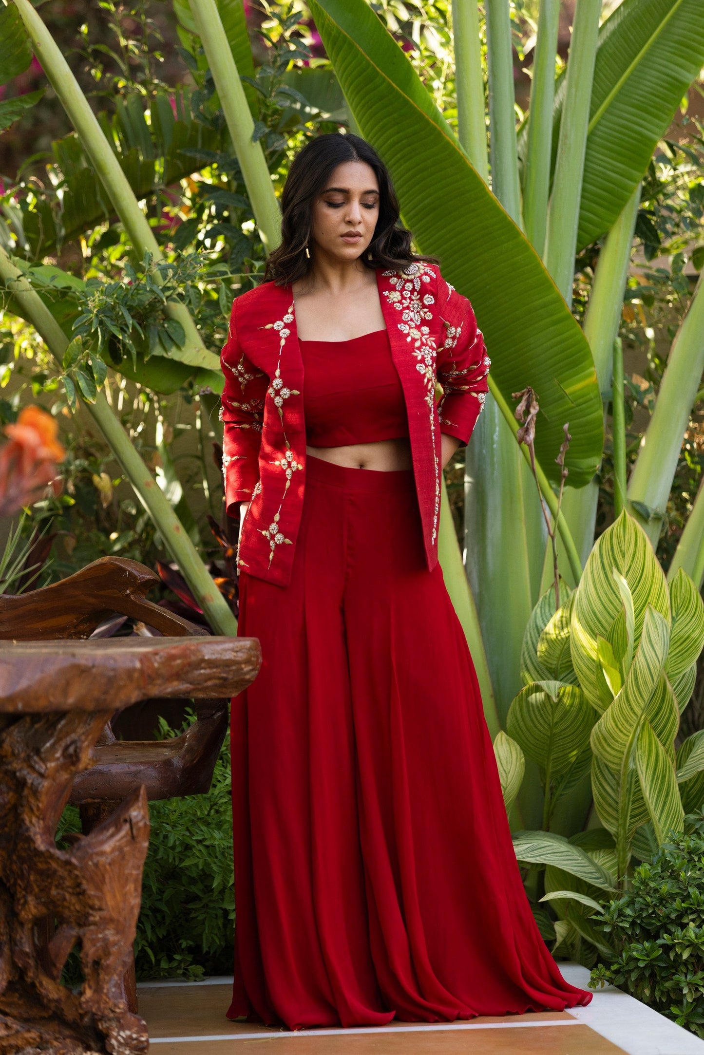 Embroidered jacket, cami bustier and palazzo pants