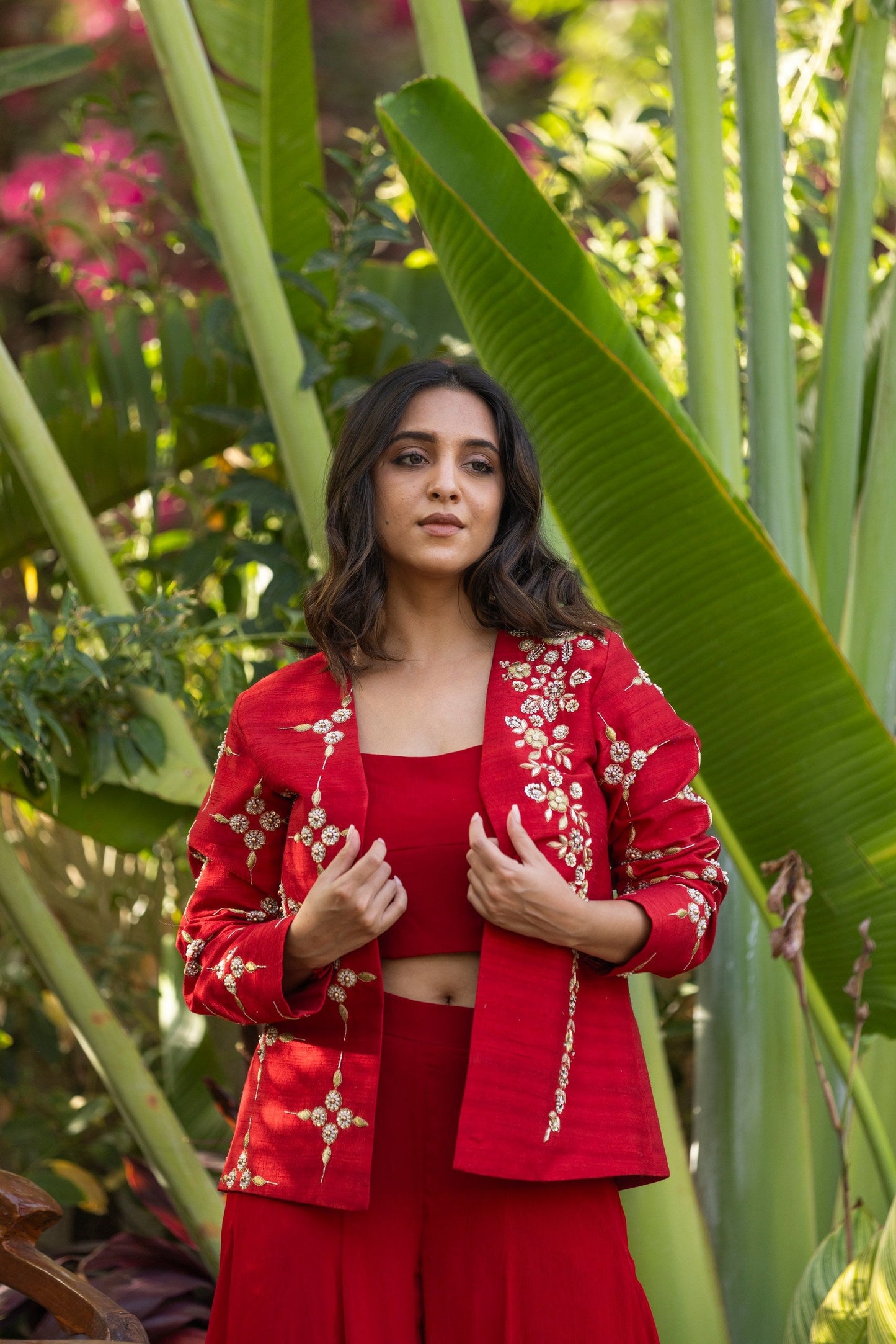 Embroidered jacket, cami bustier and palazzo pants