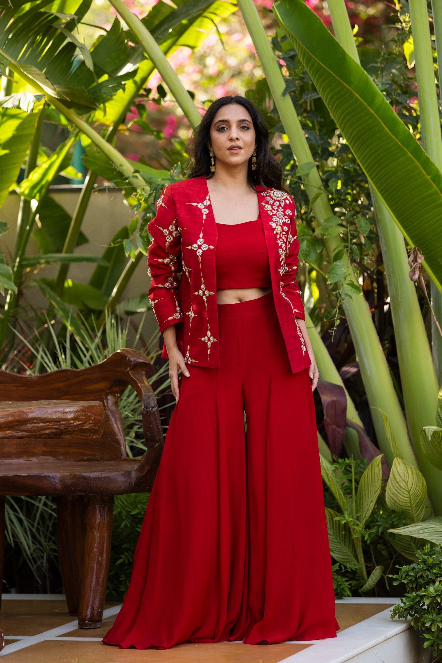 Embroidered jacket, cami bustier and palazzo pants