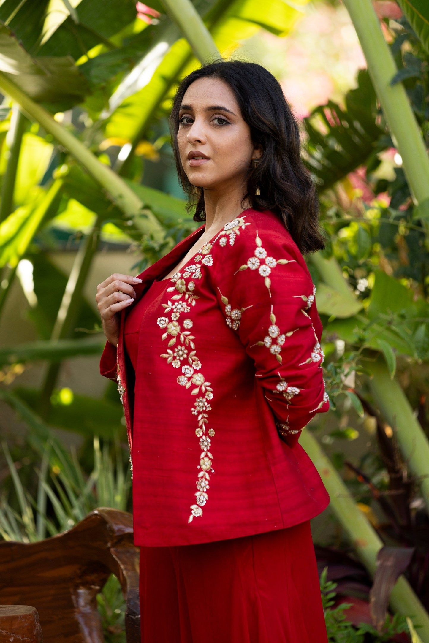 Embroidered jacket, cami bustier and palazzo pants